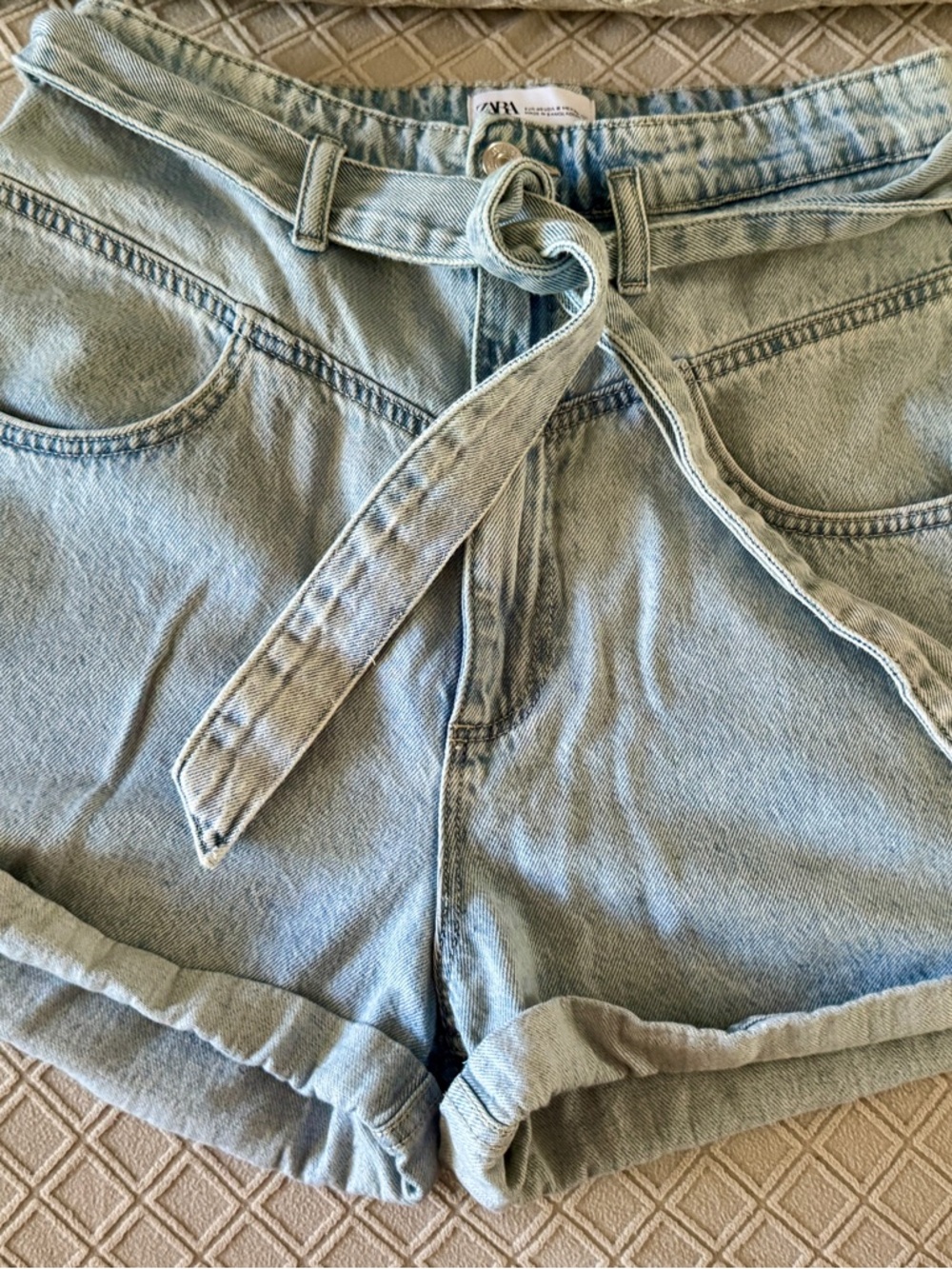 ZARA Denim Shorts High Waist Tie Belt Light Wash Cotton Size USA 8 EU 40